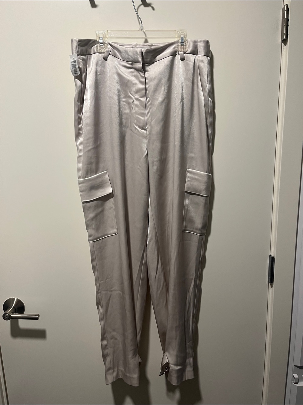 Aritzia Satin Light Gray Cargo-Style Trousers